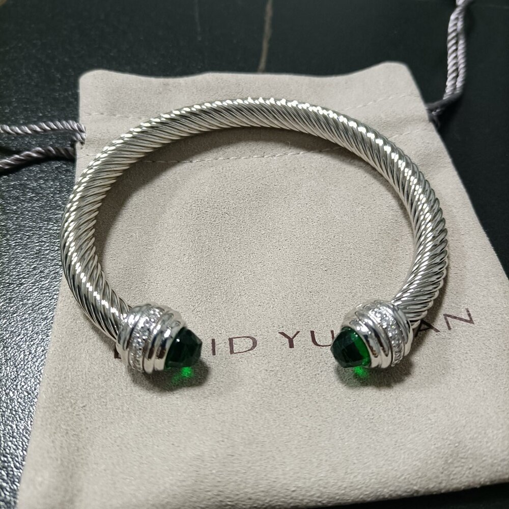 David Yurman Silver Cable Bracelet with Green Gemstones